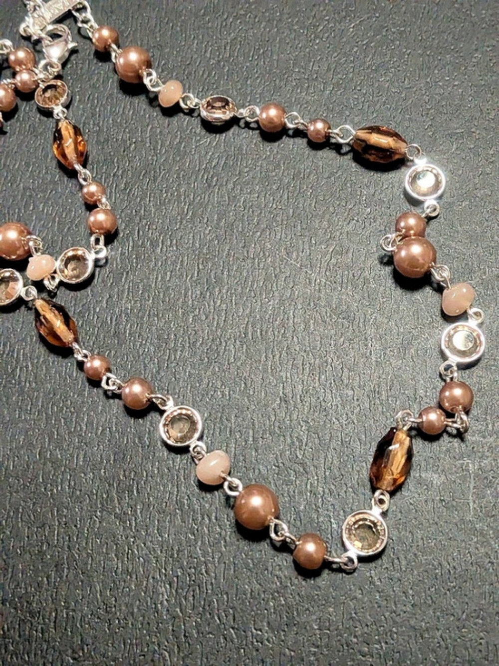 Vtg NAPIER Beaded Necklace Peach Faux Pearl Amber Crystal Silver Tone Signed - Picture 7 of 8